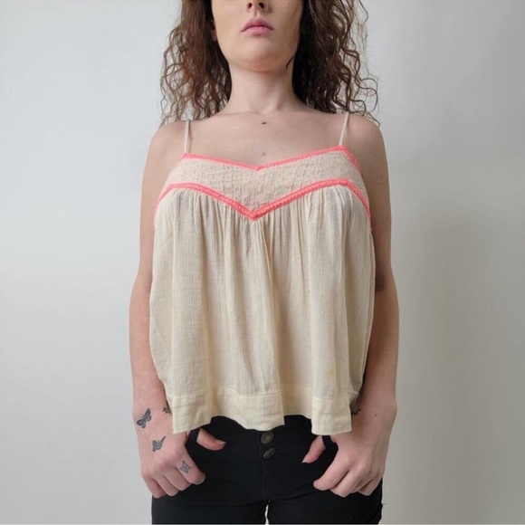 Cream Camisole with Pink Ruched Neckline and Spaghetti Straps - Picture 8 of 11
